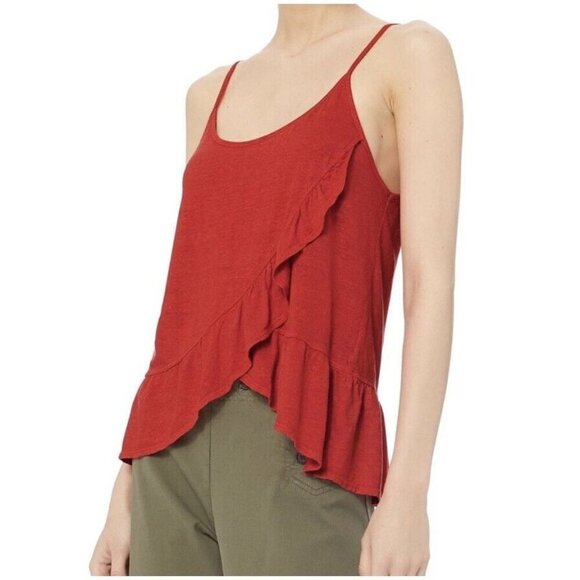 A.L.C. Womens Ava Ruffle Tank Cami Top 100% Linen Sleeveless Red - Picture 1 of 9